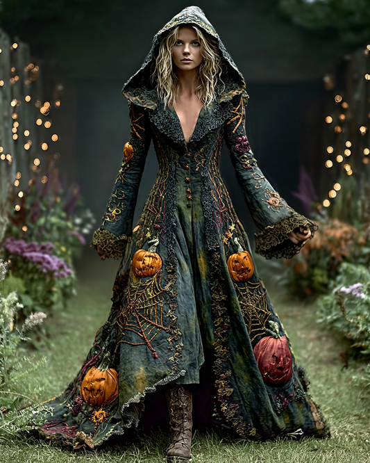 Halloween Theme Ombre Pumpkin Spiderweb Embroidery Ruffle Hooded Dress 63f2