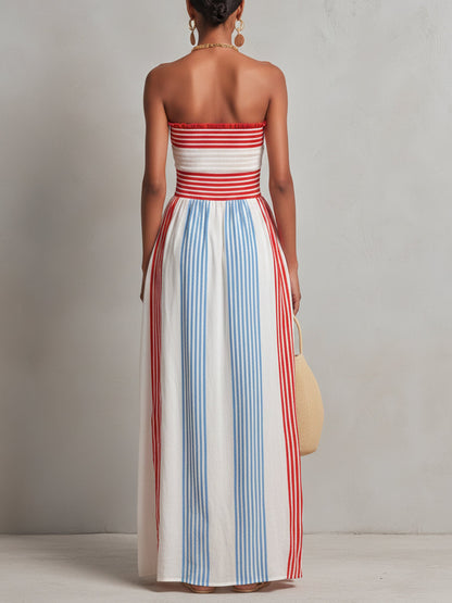 Red & Blue Striped Smocked Strapless Casual Maxi Dres