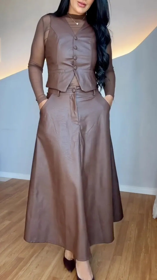 Brown Faux Leather Vest & A‑Line Midi Skirt Co‑Ord Set
