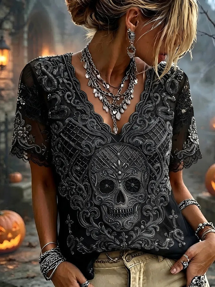 Women's Gothic Skull Embroidered V-neck Tee