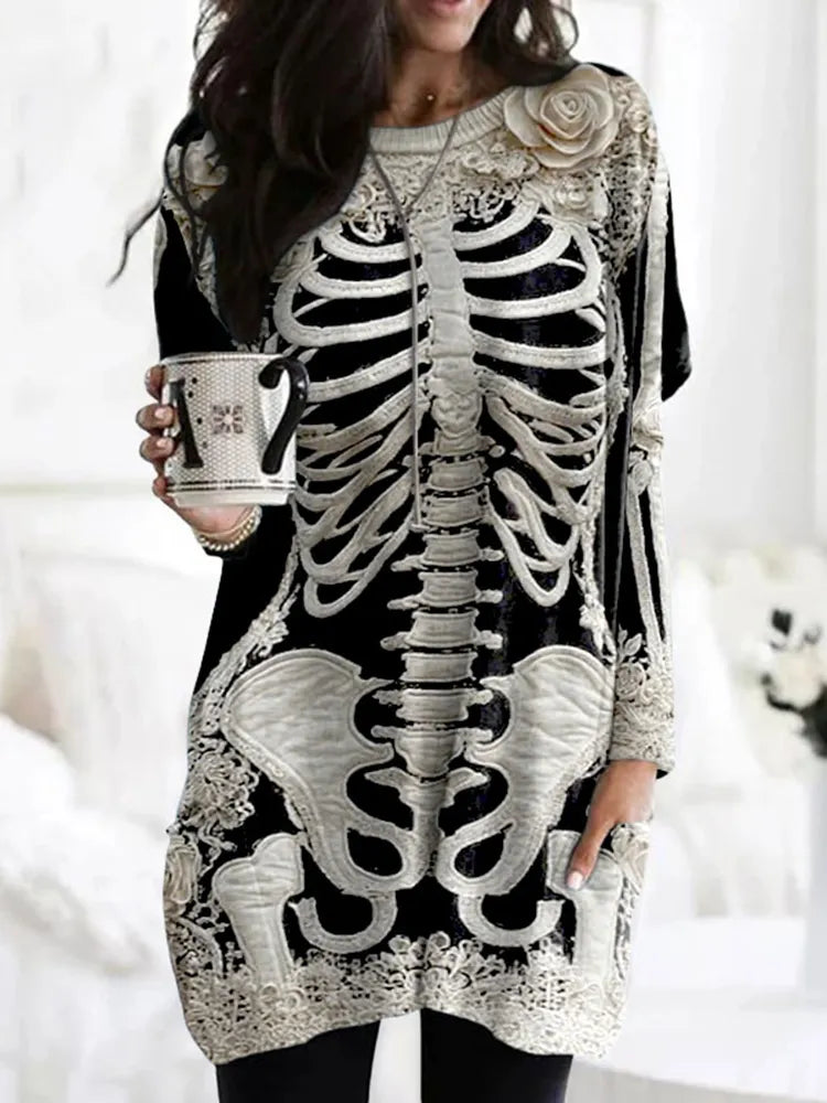 Women's Halloween Skeleton Bones With Rose Art Cozy Knit Turtleneck Mini Sweater Dress