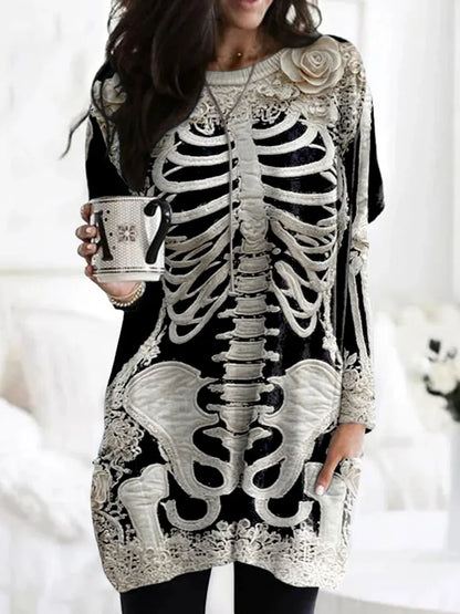 Women's Halloween Skeleton Bones With Rose Art Cozy Knit Turtleneck Mini Sweater Dress