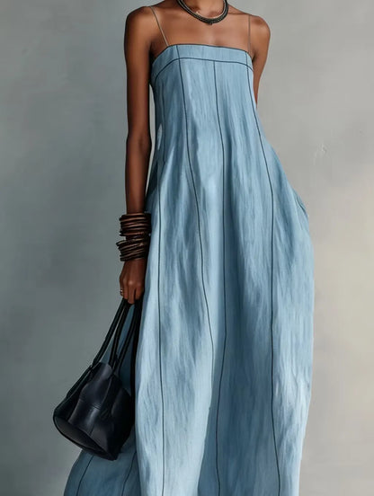 Blue Casual Cotton Linen Spaghetti Strap Maxi Dress