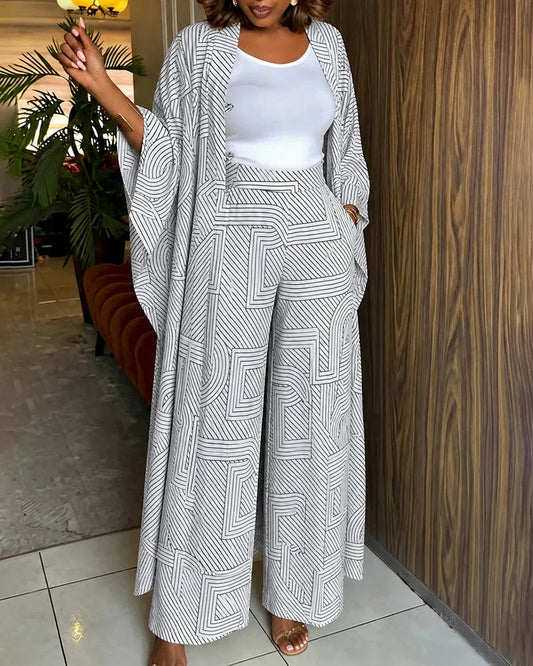 Loose-fit Casual Geometric Print Cardigan And Trousers Two-piece Set