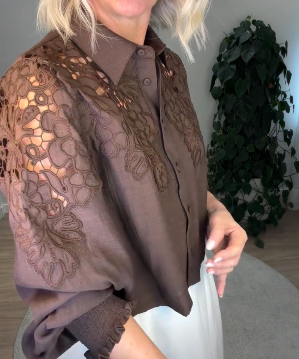 Floral Cutout Lace Button Down Blouse