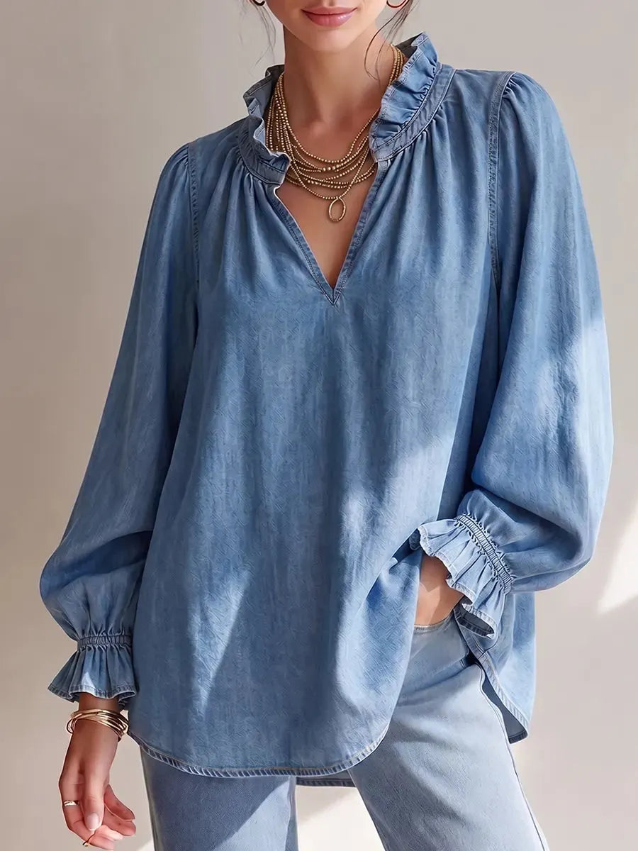Soft Ruffled V-neckline Denim Shirt