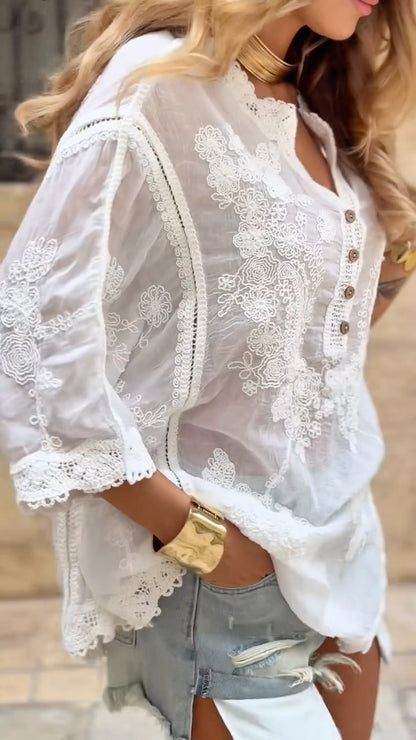 Floral Embroidered Lace Trim Boho Tunic Top