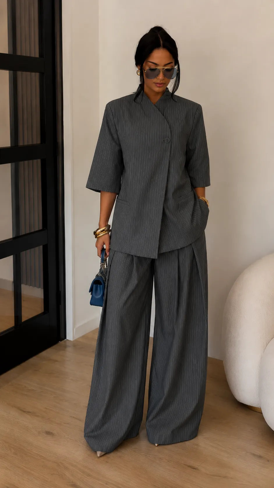 Stand Collar Blazer & Wide-Leg Pants Two-Piece