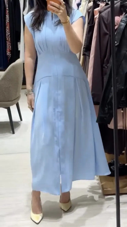 Stand Collar Cap Sleeve Pleated Front Split Midi Dress