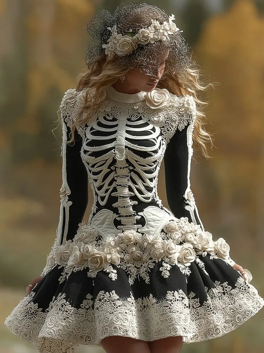 Women's Halloween Skeleton Bones With Rose Art Cozy Knit Mini Sweater Dress