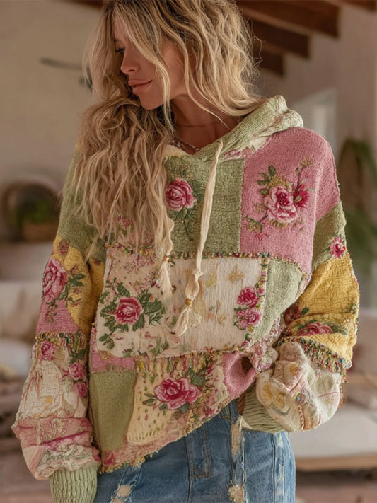 Women's Vintage Floral Patchwork Art Knit Jacquard Hooded Sweater