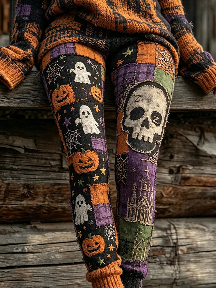 Halloween Stitched Skull Color-block Patchwork Comfortable Knit Leggings