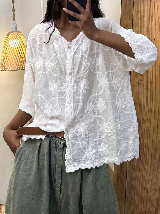 Women's Solid Color V-neck 3/4 Sleeve Casual Loose Embroidered Cotton-linen Top