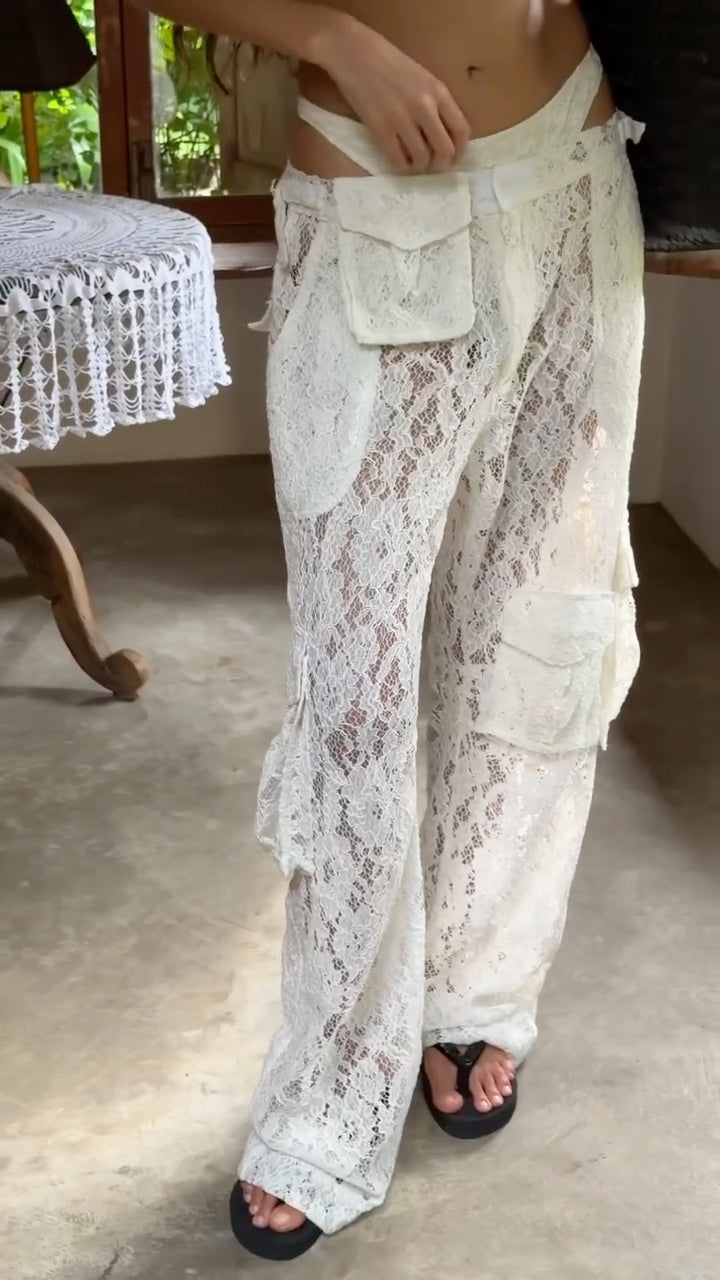 White Lace Cargo Wide Leg Pants