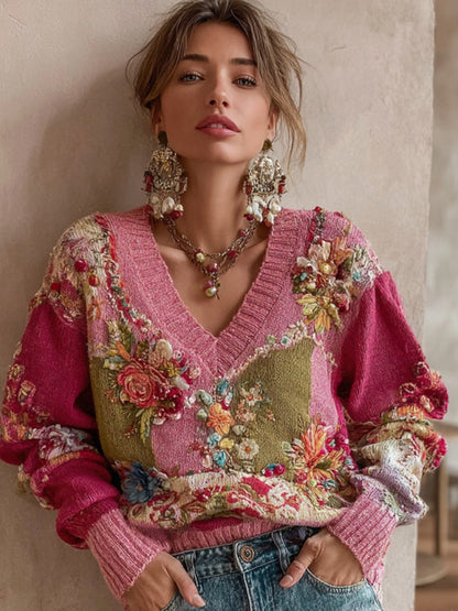 Women's Vintage Bohemian Floral Embroidery Patchwork Art V-neck Cozy Knit Sweater