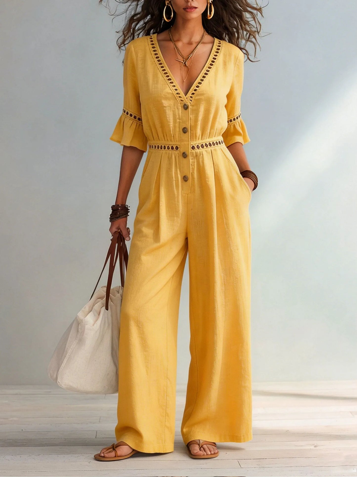 Womens Eyelet Cutout V-neck Ruffle Sleeve Cotton Linen Wide Leg Jumpsuit