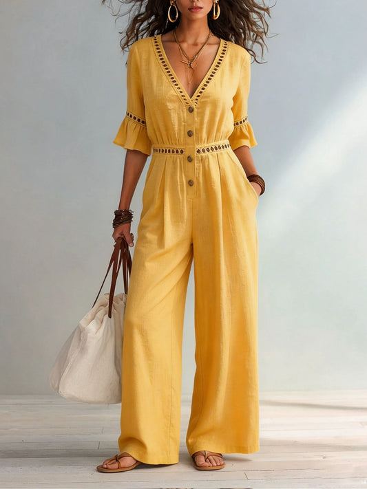 Womens Eyelet Cutout V-neck Ruffle Sleeve Cotton Linen Wide Leg Jumpsuit