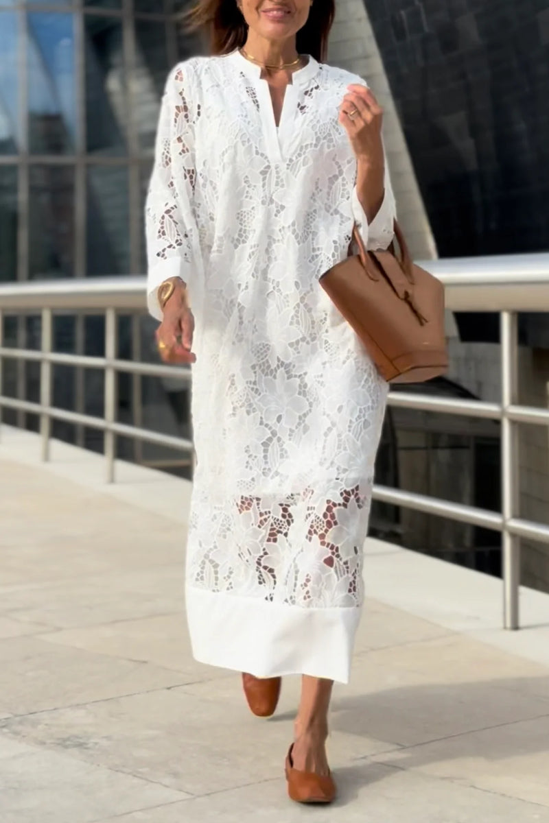Floral Lace V-Neck Kaftan Midi Dress