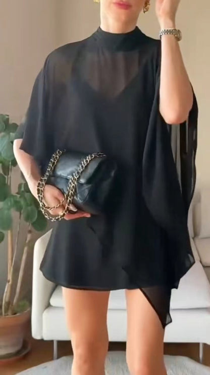 Black Chiffon Capelet Mini Dress
