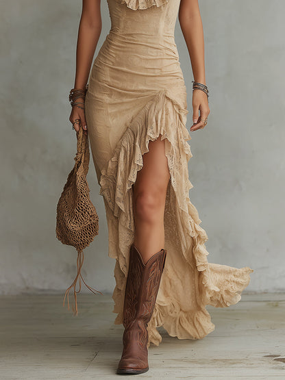 Boho Ruffled-Collar Lace High Slit Maxi Dress