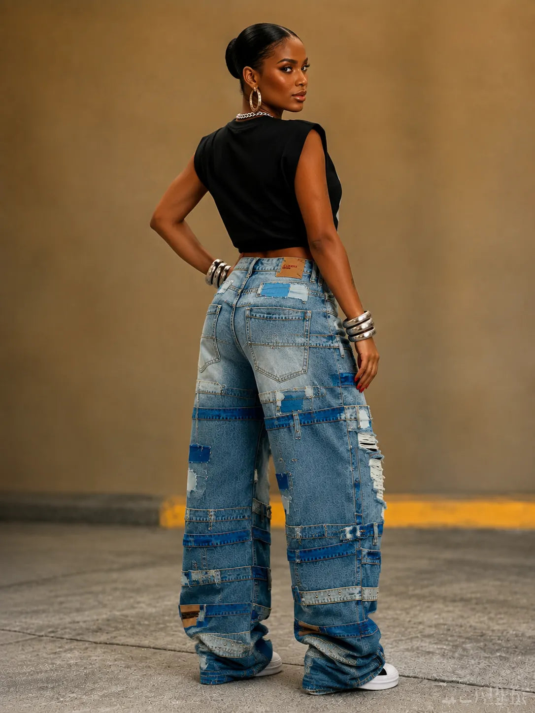 Patch Strap Cargo Denim Pants
