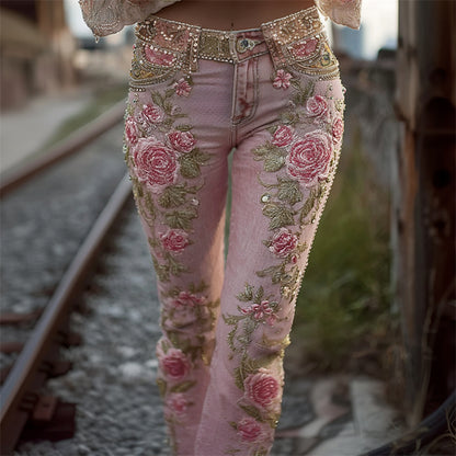 Pink Roses Glitter Embroidered Washed Bootcut Jeans