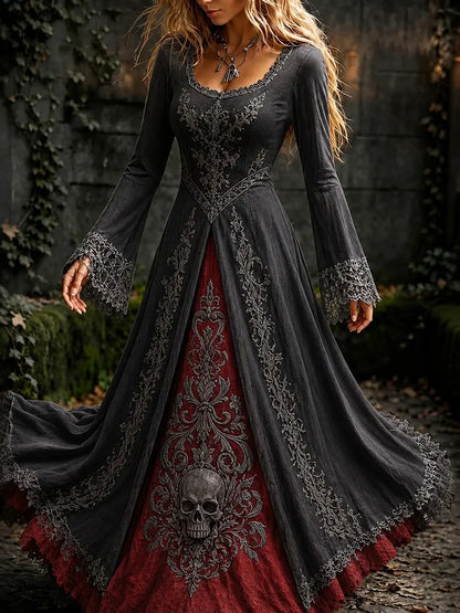 Women's Retro Gothic Skull Color Block Pattern Maxi Halloween Dress