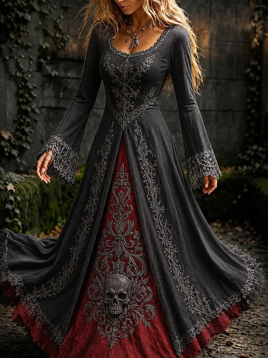 Women's Retro Gothic Skull Color Block Pattern Maxi Halloween Dress