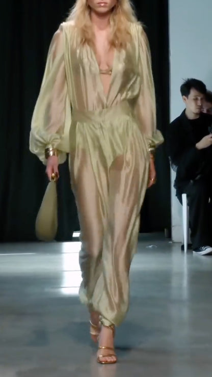 Gold Long Sleeve V-Neck Wide Leg Pants Set