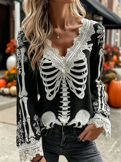 Women's Vintage Skeleton Pattern Rose Linen Blend Art Long Sleeve T-shirt