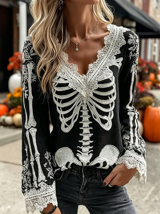 Women's Vintage Skeleton Pattern Rose Linen Blend Art Long Sleeve T-shirt