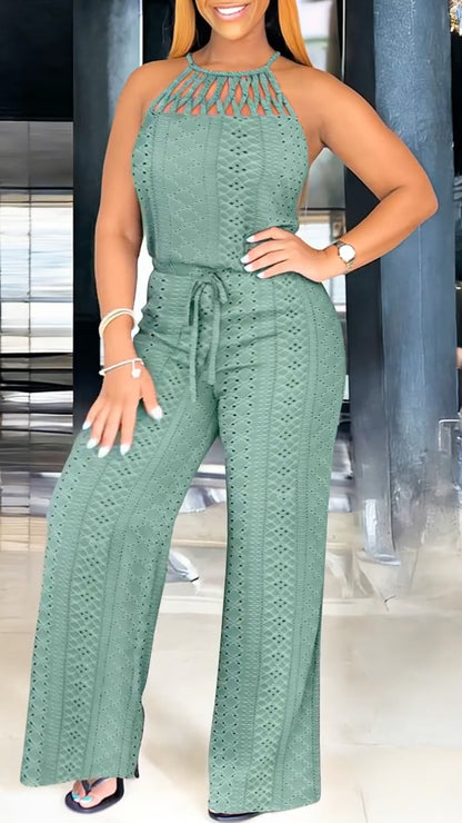 Women's Halter Neck Openwork Strap Casual Jumpsuit