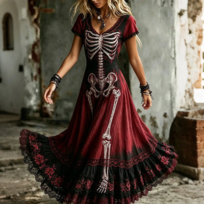 Women's Retro Gothic Skull Floral Lace Gradient Pattern Print Short-sleeve Mixi Dress