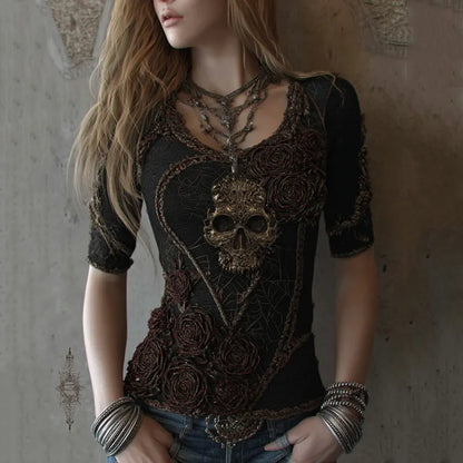 Women's Vintage Skull And Rose Lace Art V-neck Short Sleeve Top