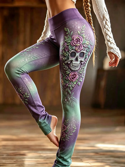 Women's Vintage Skull And Floral Pattern Art Casual Leggings