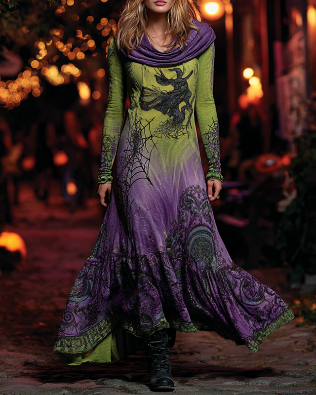 Women's Halloween Themed Ombre Broom Witch Hooded Dress 916b