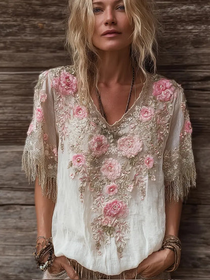 Women's Rose Flower V-neck Vintage Linen Short-sleeve Shirt
