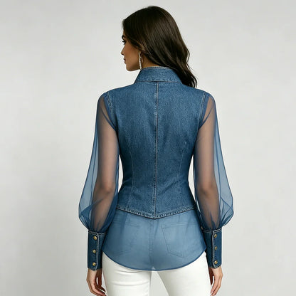 Blue Denim Sheer Mesh Blouse