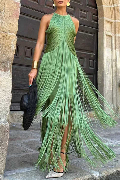 Green Halter Fringe Midi Dress