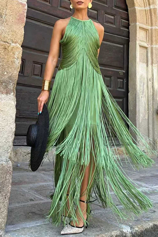 Green Halter Fringe Midi Dress