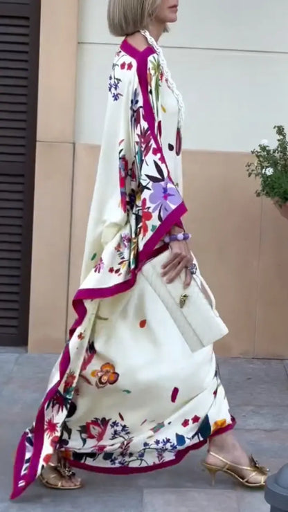 Floral Print Satin Kaftan Maxi Dress