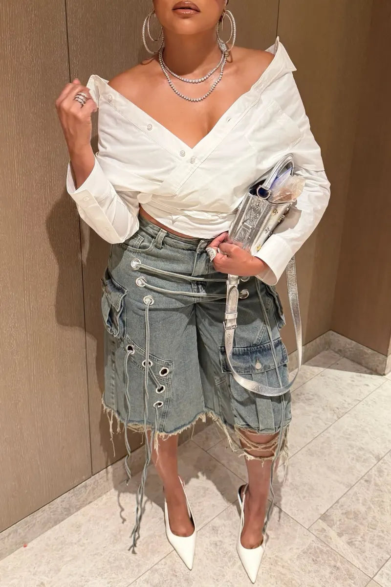Off‑Shoulder Wrap Shirt & Denim Cargo Knee Shorts Outfit