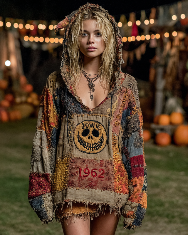Halloween Themed 1962 Contrast Color Patchwork Hoodie  6ae0