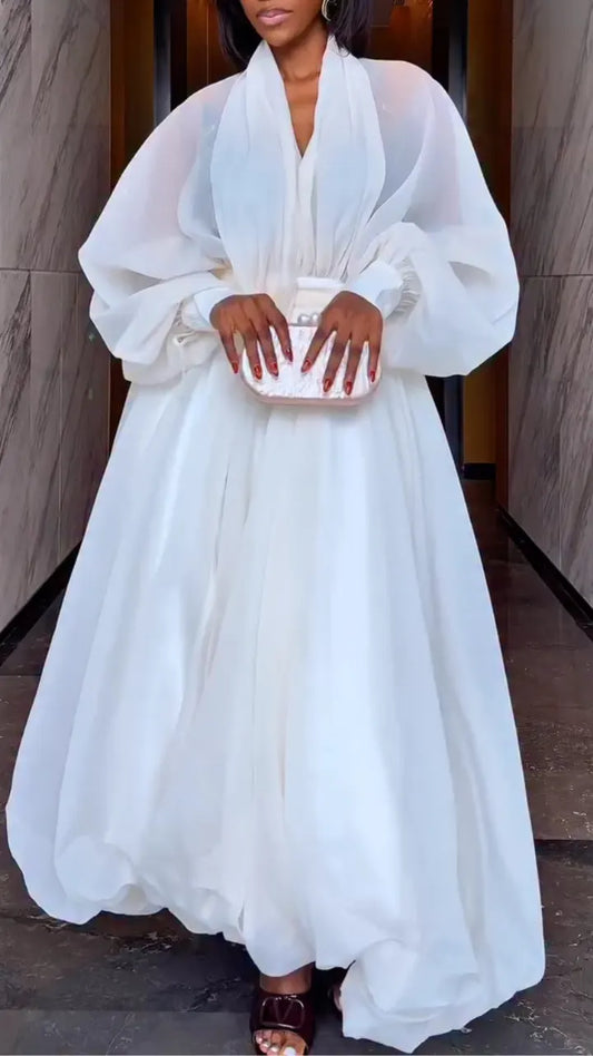White Sheer Puff‑Sleeve Bubble‑Hem Midi Dress
