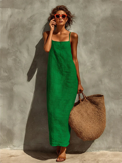 Linen Spaghetti Strap Maxi Dress with Square Neck