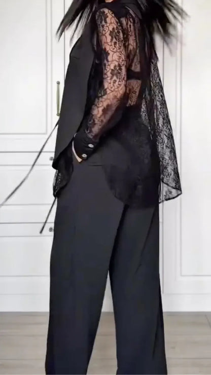 Lace Sleeve Blazer & Wide Leg Pants Co-Ord