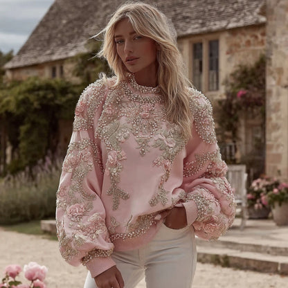 Women's Pink Floral Embroidery Art Crew Neck Casual Sweatshirt