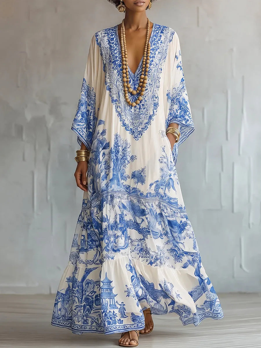 Boho-style Vintage Blue Floral Print Cotton Maxi Dress
