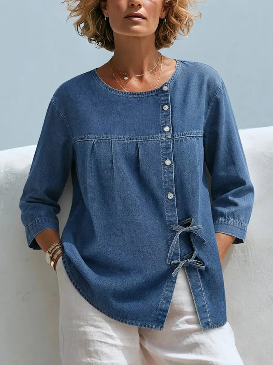 Washed Denim Round Neck Diagonal Button Bust Gathered Side Tie 3/4 Sleeve Loose Casual Blouse