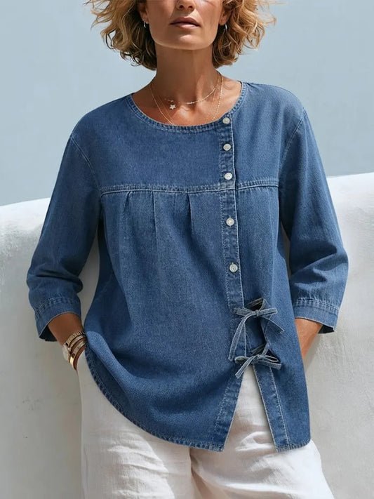 Washed Denim Round Neck Diagonal Button Bust Gathered Side Tie 3/4 Sleeve Loose Casual Blouse